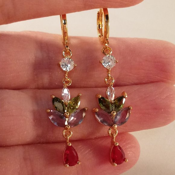 Jewelry - 18K Yellow Gold Filled Flower Leaf Diamond Zircon Dangle Earrings Gorgeous Gift